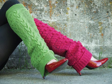 Pink and lime green knit and crochet legwarmers by Brittany Tyler of Tangled