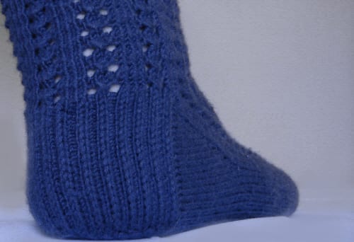 Blue lace sock with a slip-stitch heel