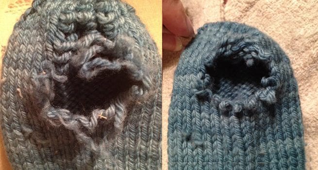 worn-out hole in knitted sock getting repaired