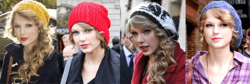 Taylor Swift wearing four different slouchy knit hats