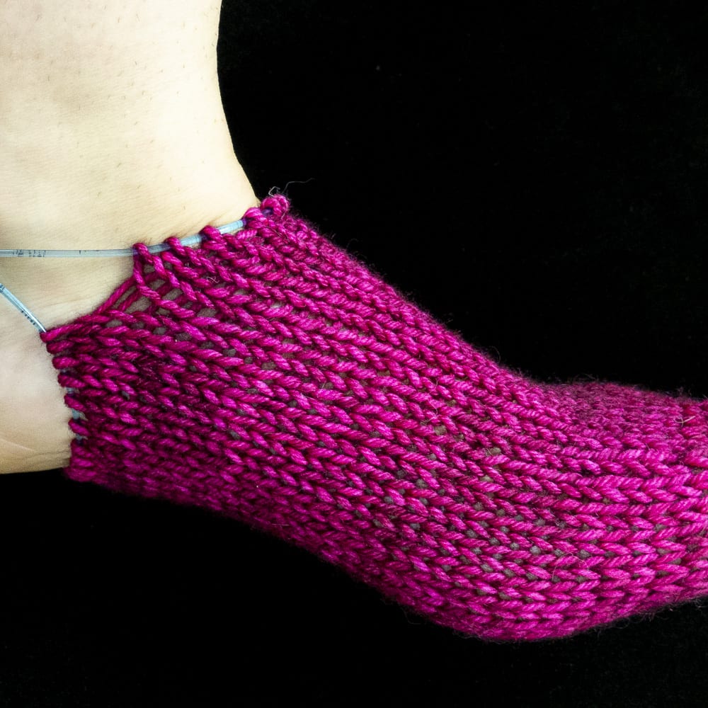 Toe-up sock ready to start Fleegle gusset increases (knitting reaches front of ankle)