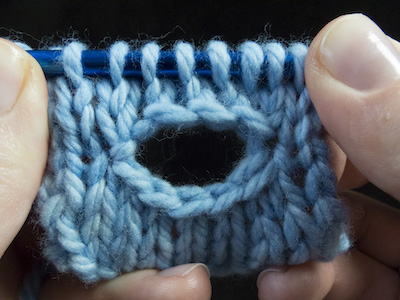 Tulips buttonhole by TechKnitter in blue yarn on needle