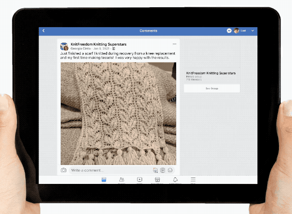 iPad tablet with Facebook knitting post with Likes